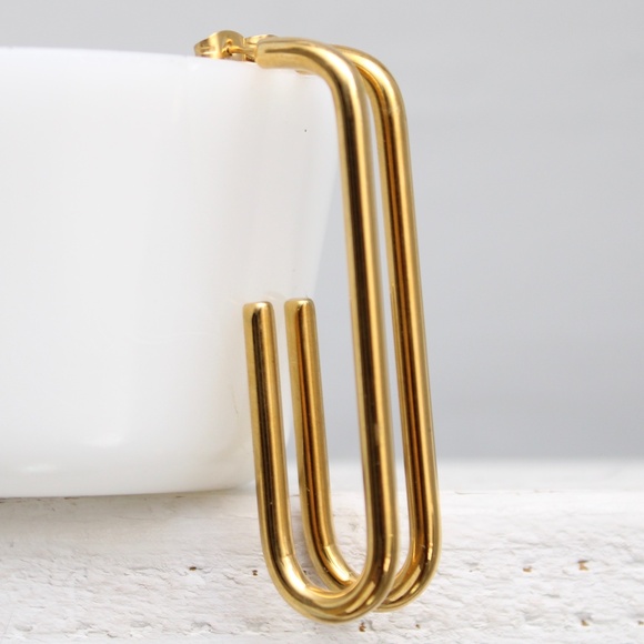 Vintage Jewelry - Vintage Gold Tone Rectangle Hoop Paper Clip Drop Hoop Pierced Earrings
